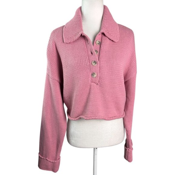Show Me Your Mumu Crawford Collared Cropped Sweater Pink Knit Size S Cotton - Picture 2 of 10